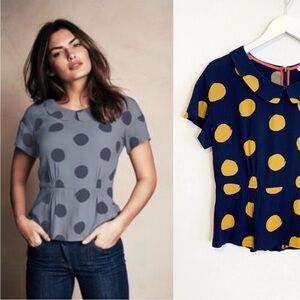 Boden Sophia Polka Dot Peplum Blouse Peter Pan Collar Top